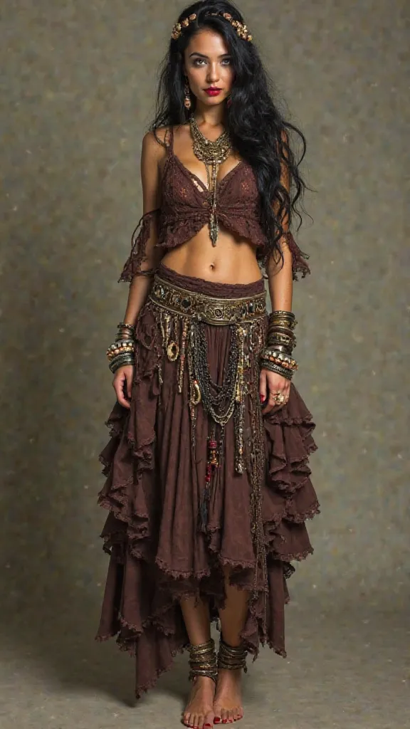  Woman, definite body,  long black hair, wavy,  Hair ornaments , green eyes,  suit heavy makeup and red lipstick,  skirt dressed in a gypsy blouse, a round skirt with ruffles, a belt with various chains and ornaments, barefoot and with various bracelets an...