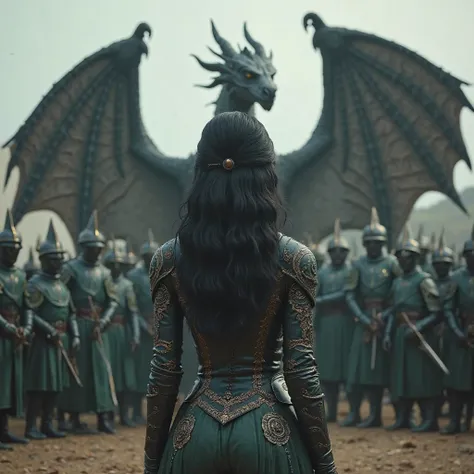 Create the image of a woman with her back with wavy black hair, a suit with armor marks her body with a sword in her right hand and a large black dragon, one gray bigger and one darker just as big. That they stand in front of an army of men dressed in gree...