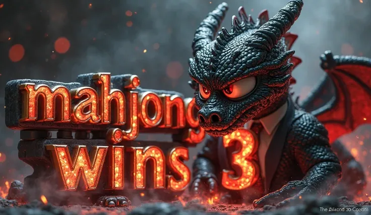 A 3D-rendered banner featuring the text “MAHJONG WINS 3” prominently displayed in bold, metallic-style letters with a fiery red border. The background features a ferocious black dragon with detailed scales, glowing red eyes and a dynamic pose as if guardin...