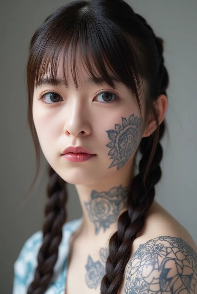 a close up of a woman with tattoos on her face, pale white Japanese, fractal punk, intricate braided hair, matte painting portrait, beautiful Japanese woman, light white skin, nsfw, (she is completely naked, Bare Shoulder, Cleavage), tattooed face, crypto ...