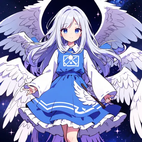 an animated anime drawing of a woman with huge wings holding a staff, well-formed face, ultra cute face, ultra detailed eyes, ultra detailed hair, ultra cute, ultra beautiful, ((high end)), (UHD picture), (best quality,4k,8k,highres,masterpiece:1.2), top-q...