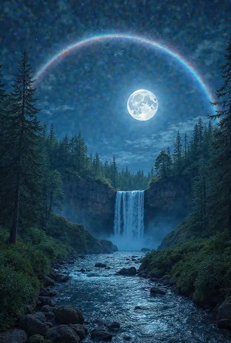 A breathtaking night scene featuring a rare moonbow glowing across a dark, starry sky. A full moon casts a soft silver light over a peaceful, misty waterfall in a lush green forest. The moonbow, a faint yet colorful arc, stretches across the sky with subtl...