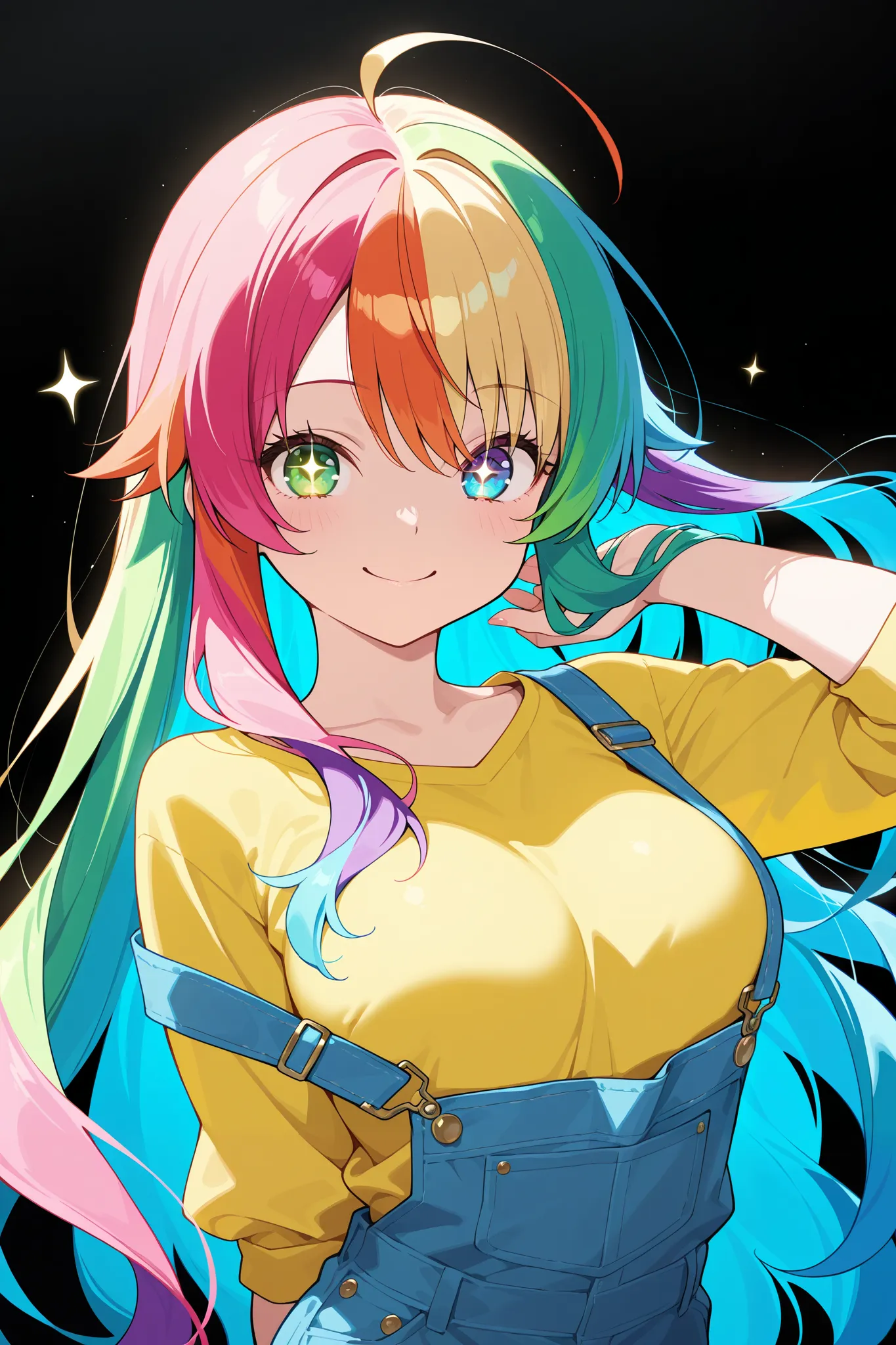 masterpiece, best quality, highly detailed, amazing quality, newest, hyper-detailed, very aesthetic, absurdres, 1girl, dazzling rainbow hair, mesmerizing blue and green heterochromatic eyes, captivating gaze, beaming smile, vivid yellow shirt with prominen...