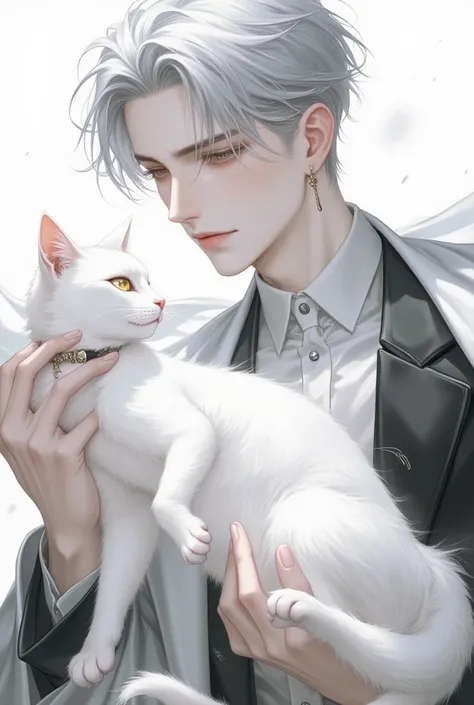  young man,Shirogane short hair,Golden Eyes, graceful and elegant,Figure holding up a noble white cat,masterpiece, accurate, anatomically correct, anatomically correct, TOP QUALITY, 