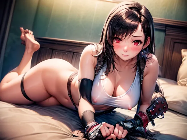 Master piece,best quality,nsfw,Tifa Lockhart Final Fantasy VII,drunk,embarrassed,blush,lying,open clothes,open legs,public hair,on bedroom,POV