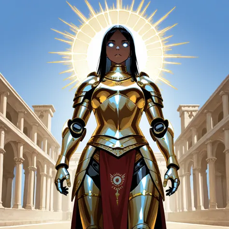 Robotic Female Roman Legionnaire, Long Black Hair, Iridescent White Glowing Eyes, Tanned Skin, wearing Dark Red Futuristic Roman Armor with Gold Accents, Grasping a Steel Gladius with Gold Accents in her right hand, standing in front of the the Ancient Col...