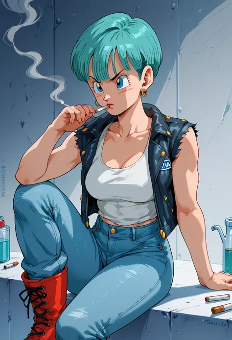 bulma, aqua blue hair, blue eyes, most of body, pose,, tank top, jeans, biker jacket, cigarette in mouth, smoking, boots, working in lab