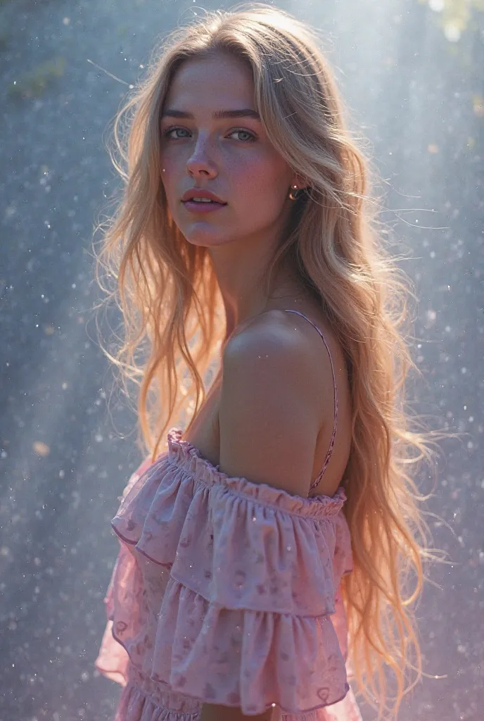 A beautiful young woman with long blond hair turning her back against a hazy blue background,  pink and purple 