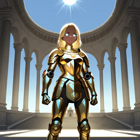 Robotic Female Roman Legionnaire, Short Blonde Hair, Iridescent White Glowing Eyes, Tanned Skin, wearing Dark Red Futuristic Roman Armor with Gold Accents, Grasping a Steel Gladius with Gold Accents in her right hand, standing in front of the the Ancient C...