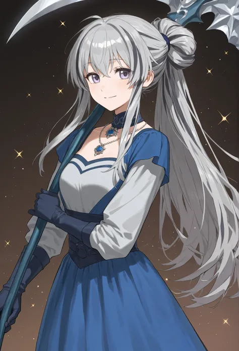 girl ,  alone , wore a beautiful short blue medieval dress with 3 diamonds. , Beautiful eyes  , Silver eyes ,  purple eyes, Gray highlights ,  Two-sided twinel hairstyle ,   long hair , Hair tied left and right ,  , a gentle smile  ,, and dark blue gloves ...