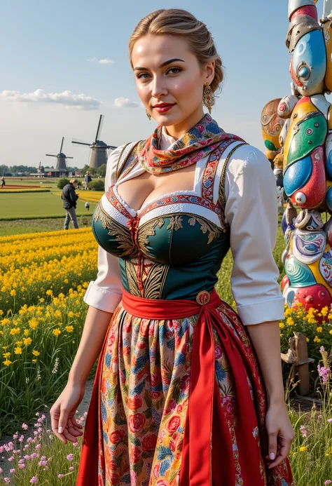 A young woman in bold and sensual German attire stands beside a colorful Dutch wooden shoe sculpture with windmills dotting the landscape.