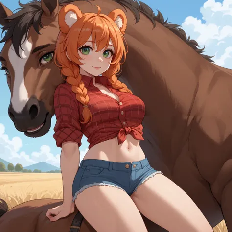 (Masterpiece) (High Detail) (High Res) A short curvy slim Humanoid red_panda Female with tanned human skin and bright green eyes and long braided orange hair and fluffy orange red_panda ears and a long fluffy red_panda tail and medium breasts. She is weari...