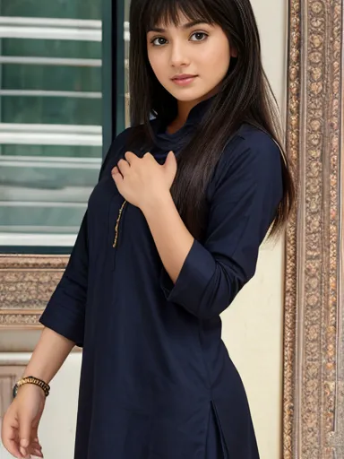 Alone,( Masterpiece, highest quality:1.2)、 Beautiful Pakistani Muslim Hijabed s school girl named Sara, body-fitted-tight kurti/tunic on top, The salwar is a navy blue pleated, Neat black hair, Amber Eyes, long hair, Black dupatta, pay attention to the but...