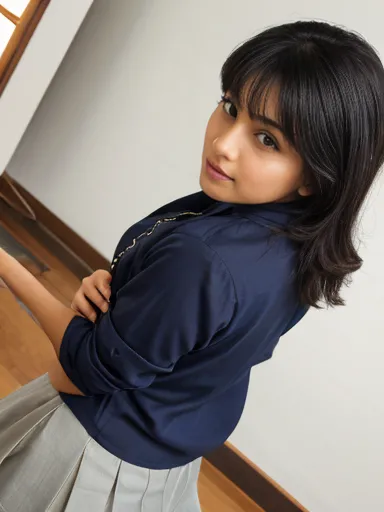 Alone,( Masterpiece, highest quality:1.2)、 Beautiful Pakistani Muslim Hijabed s school girl named Sara, body-fitted-tight kurti/tunic on top, The salwar is a navy blue pleated, Neat black hair, Amber Eyes, long hair, Black dupatta, pay attention to the but...