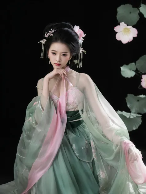 a close up of a woman in a "sheer green dress" with a pink sash, "sheer hanfu", palace, a girl in "sheer hanfu", ethereal beauty, ancient Chinese princess, beautiful empress, Chinese princess, with ancient Chinese aesthetic