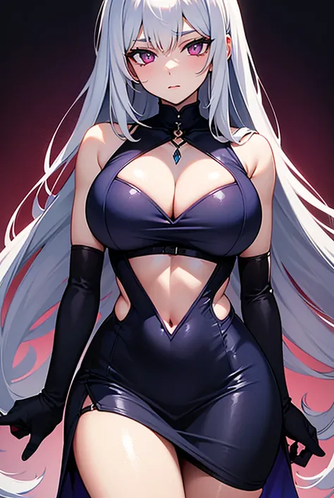 Hybrid woman between a human and a demon, has an unparalleled beauty

hair: silver color

Ejos: your left eye is purple with blue edges and your right eye is red with crimson edges ( eyes of different colors)
anime, hentai,  with large breasts and thighs, ...