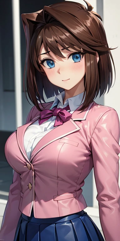  1 female,High Definition,dementia,  ultra-realistic  ,8K, aamazaki, ( hair antenna:1.2), blue eyes, blue,  pink jacket, blazer,  Long Sleeves Leather, falda blue,  Skinny skirt ,  miniskirt, pleated skirt , pechos grandes,European,sexy,Close-up of the upp...