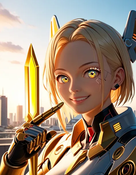 realistic,photorealistic,photo-realistic:1.37,best quality,4k,8k, masterpiece,( TOP QUALITY ),highlydetailed,Ultra High Definition,1 girl,(MechanicalWings:golden, glowing eyes:green,goldenrarmor:1.2, Elon Gated Years :0.8),(Cyberpunk City with fingers cros...