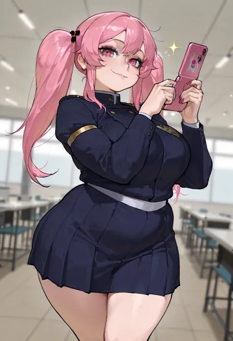 masterpiece, best quality, amazing quality, very aesthetic, absurdres, newest, 1girl, ((wide hips)), Pink hair, hair pins, ((long hair, twintails)), ((Jujutsu sorcerer uniform)), navy blue skirt, short skirt, (jacket long sleeves), navy blue clothes, clean...