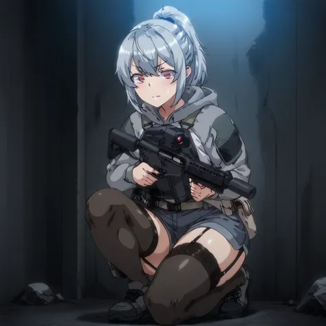 and a fleshy, glamorous figure。 with short silver hair tied in a ponytail with a navy hair band 、 has red eyes 。Has an impatient expression。equipped with black tactical armor over a gray hooded jacket、 gray denim shorts over thigh length stockings with a b...