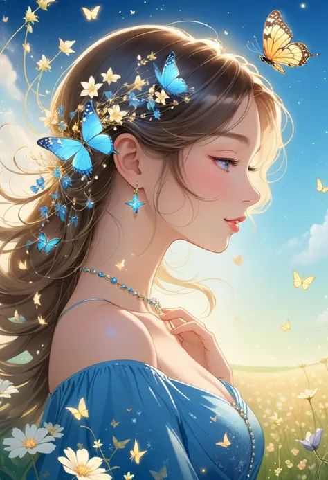 Masterpiece High Resolution Beautiful girl profile Transparent flowers approaching face with both hands Fantastic flower field Blue sky, Woman with star-shaped butterfly hair, surrounded by lights, One girl, Butterfly, Solo, Jewelry, Necklace, Dress, Profi...