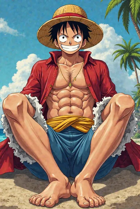 Semi-naked gay Monkey d Luffy showing his feet in the same drawing style as the anime