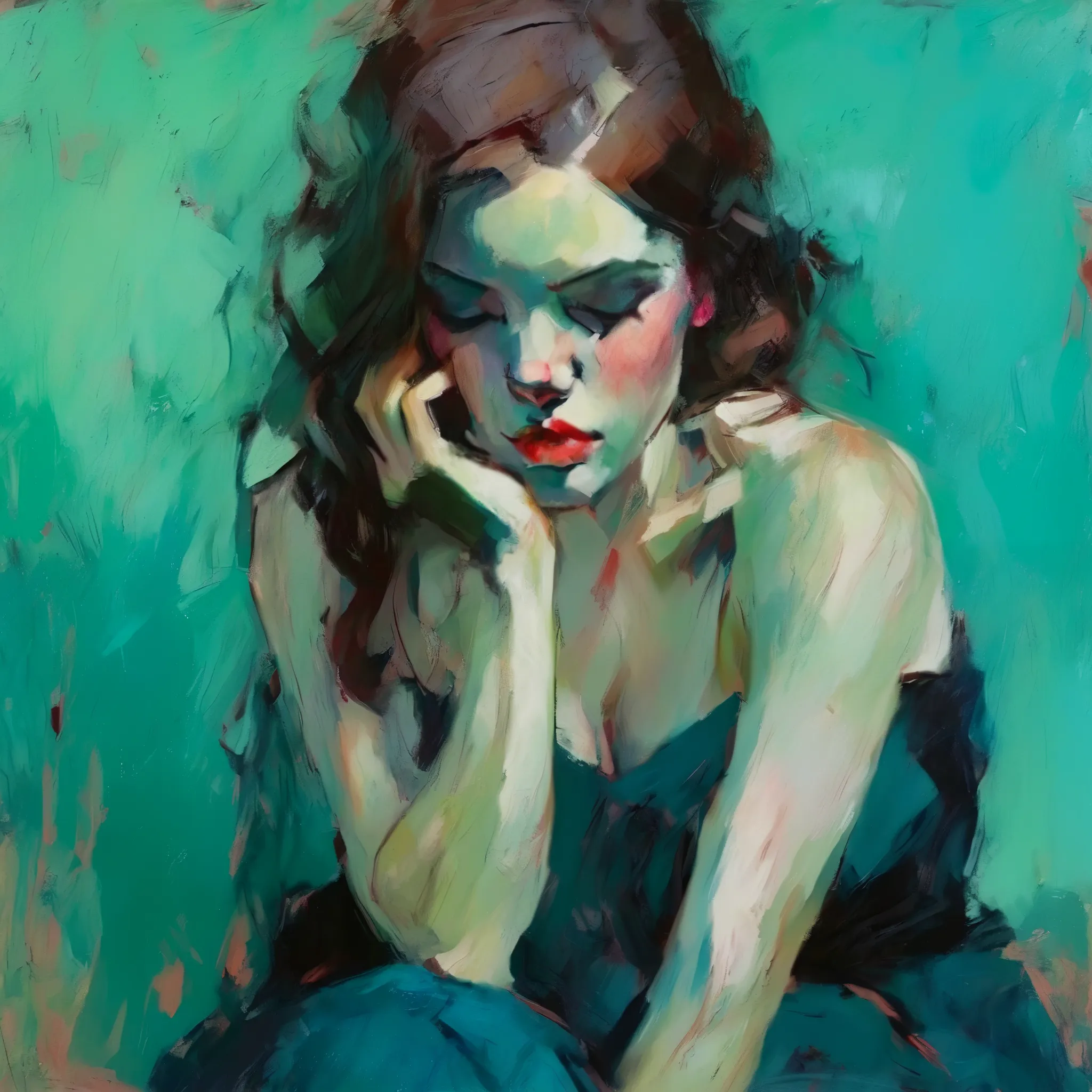 Create an evocative oil painting inspired by Malcolm Liepke, light smile Capture the intense, introspective expression of the young subject using thick, expressive brushstrokes and a muted color palette. Highlight the emotional depth and vulnerability in t...