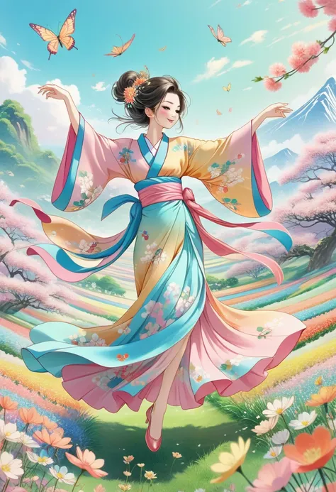 Anime - Super detailed, absolute resolution, a masterpiece. Beautiful woman dancing in a colorful pastel kimono. Flower field background. Wonderland world view.