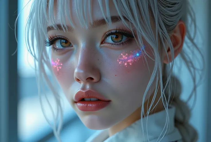  [Style: "Photorealistic, cinematic, cyberpunk"](Key Directive: "Ultra-sharp human eyes with biological accuracy"){ Character: "20-year-old Caucasian woman" | Face: - "symmetrical pale skin (subsurface scattering:1.3), full lips (vertical lip wrinkles:0.7)...