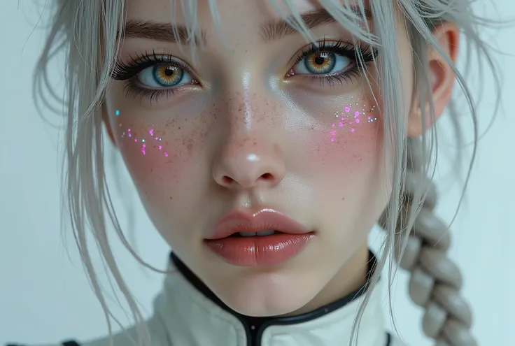  [Style: "Photorealistic, cinematic, cyberpunk"](Key Directive: "Ultra-sharp human eyes with biological accuracy"){ Character: "20-year-old Caucasian woman" | Face: - "symmetrical pale skin (subsurface scattering:1.3), full lips (vertical lip wrinkles:0.7)...
