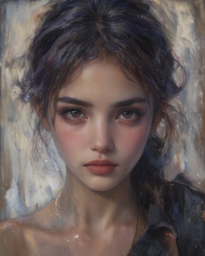 Create an evocative oil painting inspired by Malcolm Liepke, light smile Capture the intense, introspective expression of the young subject using thick, expressive brushstrokes and a muted color palette. Highlight the emotional depth and vulnerability in t...