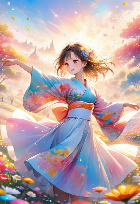 Anime - Super detailed, absolute resolution, a masterpiece. Beautiful woman dancing in a colorful pastel kimono. Flower field background. Wonderland world view.