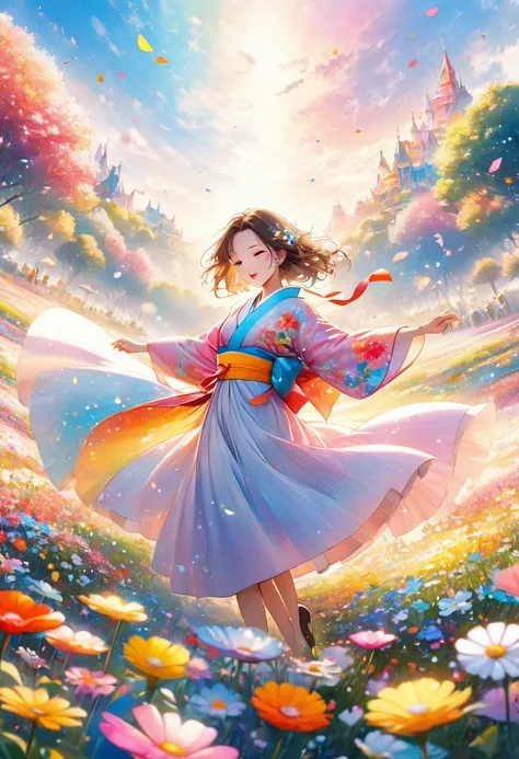 Anime - Super detailed, absolute resolution, a masterpiece. Beautiful woman dancing in a colorful pastel kimono. Flower field background. Wonderland world view.