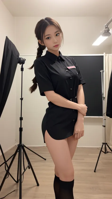 (    top quality,  masterpiece, 16k,     More details 、    beautiful skin,    Professional Lighting  )     girls on the left    ,、｛(( Nurse Costume、Cute Nurse、 White Pocket Dress Shirt、  pencil miniskirt 、 Knee High Socks、  absolute domain :1.2))},((( 18 y...