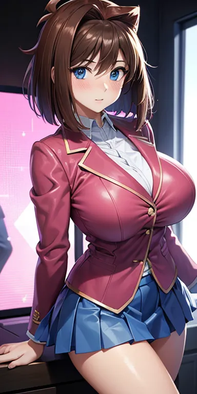  1 female,High Definition,dementia,  ultra-realistic  ,8K, aamazaki, ( hair antenna:1.2), blue eyes, blue,  pink jacket, blazer,  Long Sleeves Leather, falda blue,  Skinny skirt ,  miniskirt, pleated skirt , pechos grandes,European,sexy,Close-up of the upp...