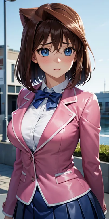  1 female,High Definition,dementia,  ultra-realistic  ,8K, aamazaki, ( hair antenna:1.2), blue eyes, blue,  pink jacket, blazer,  Long Sleeves Leather, falda blue,  Skinny skirt ,  miniskirt, pleated skirt , pechos grandes,European,sexy,Close-up of the upp...