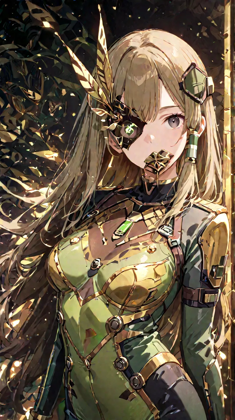 Female soldier wearing a bodysuit with a brown grasshopper motif in a sci-fi world、She has no hair and wears a half mask to hide her mouth、Many tubes extend from the suit on the head and are embedded in the skin、Eyes are stagnant eyes with no light