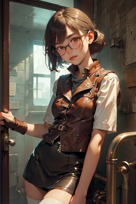 ((TOP QUALITY)), ((傑TOP QUALITY、masterpiece、High sensitivity、high resolution、 detailed depiction of up to the front door、 delicate face depiction ))Slender Woman、glasses、leather vest 、Leather mini skirt、 white tights、Inside the Rusted Prison、