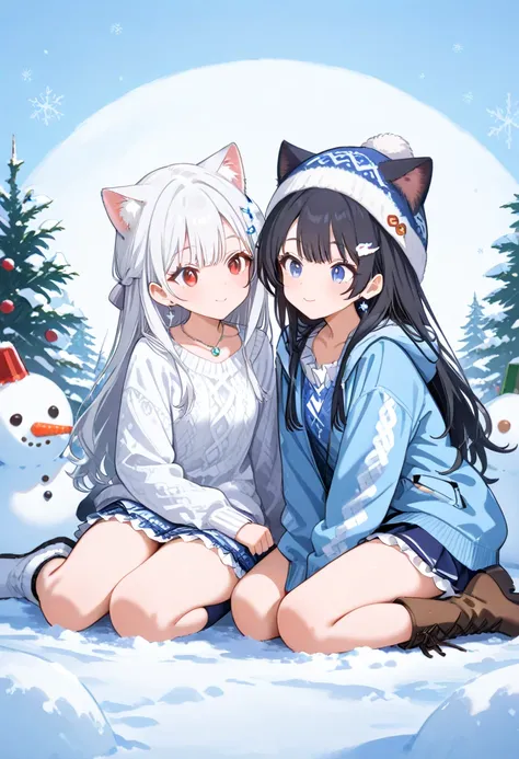 High quality high definition 8k 2 girls,White hair half up blue eyes down jacket frill skirt cat ears knit hat long boots flower hairpins black hair long hair red eyes blue ruffle necklace earrings making cute snowmen snowscapes snowy