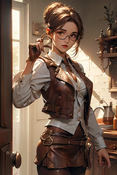 ((TOP QUALITY)), ((傑TOP QUALITY、masterpiece、High sensitivity、high resolution、 detailed depiction of up to the front door、 delicate face depiction ))Slender Woman、glasses、leather vest 、Leather mini skirt、 white tights、In a rusted cage、