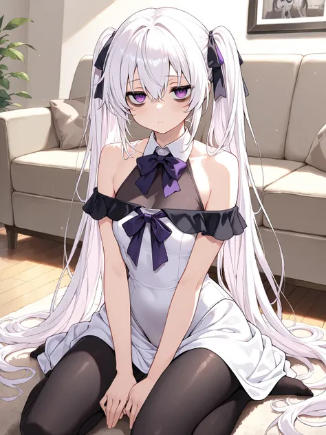 1girl, white hair, very long hair, twintails, purple eyes, bags under eyes, hair ribbon, black off-shoulder dress, white halter leotard, leotard under clothes, sleeveless, wing collar halter, bowtie, black pantyhose, living room,, (masterpiece, best qualit...