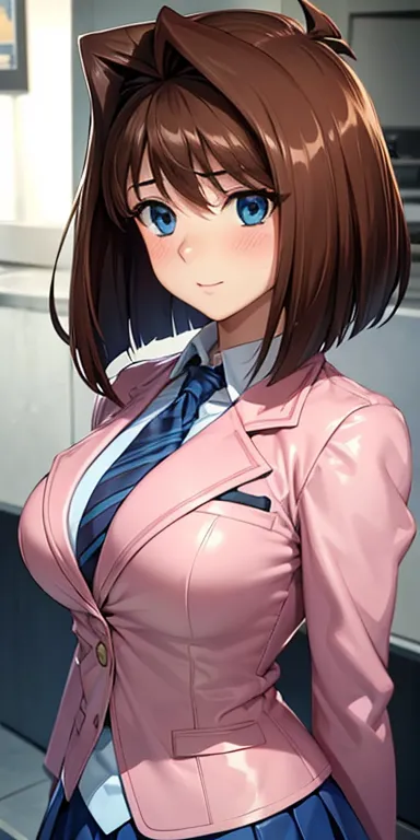  1 female,High Definition,dementia,  ultra-realistic  ,8K, aamazaki, ( hair antenna:1.2), blue eyes, blue,  pink jacket, blazer,  Long Sleeves Leather, falda blue,  Skinny skirt ,  miniskirt, pleated skirt , pechos grandes,European,sexy,Close-up of the upp...