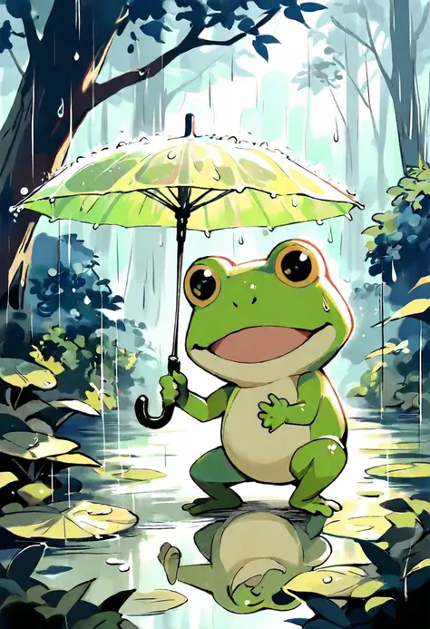  ((rain frog is happy dancing in the rain without an umbrella)), detailed face and eyes, dancing tree frog,raise one leg and fly tree frog,raindrops on leaves, puddles on the ground, dramatic cinematic lighting, muted color palette, masterpiece,rainy day, ...