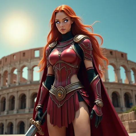 Robotic Female Roman Legionnaire, Long Red Hair, Iridescent White Glowing Eyes, Tanned Skin, wearing Dark Red Futuristic Roman Armor with Gold Accents, Grasping a Steel Gladius with Gold Accents in her right hand, standing in front of the the Ancient Colis...