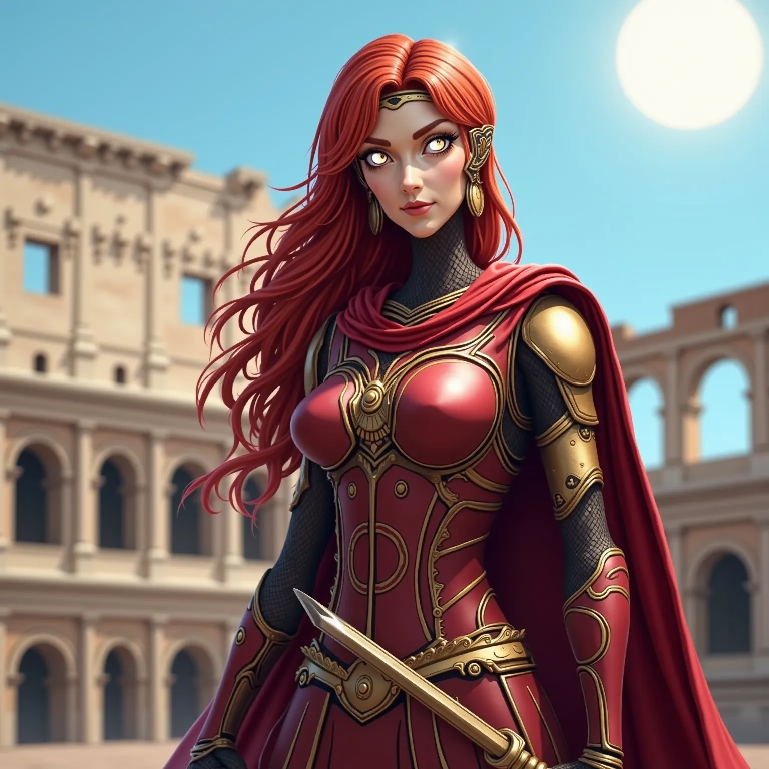 Robotic Female Roman Legionnaire, Long Red Hair, Iridescent White Glowing Eyes, Tanned Skin, wearing Dark Red Futuristic Roman Armor with Gold Accents, Grasping a Steel Gladius with Gold Accents in her right hand, standing in front of the the Ancient Colis...