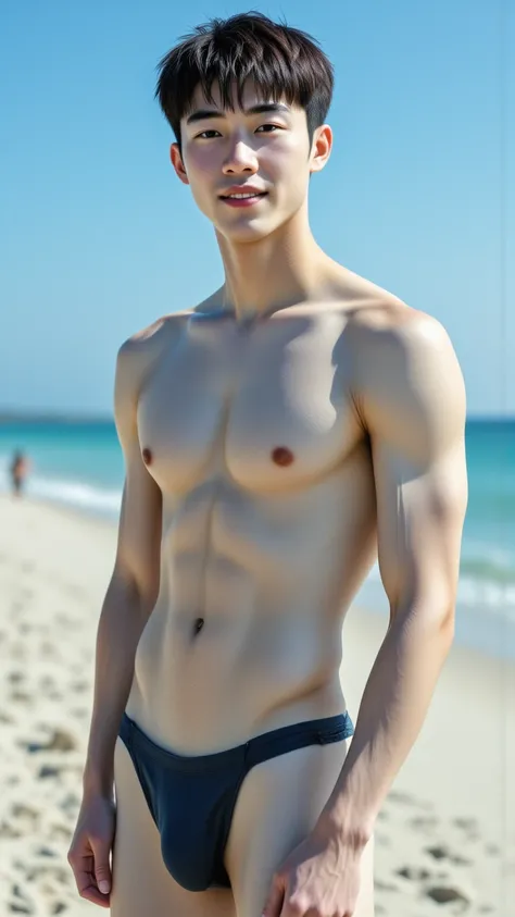 3 Asian Handsome Male Star Male High School Robots Over 185 Cm On The Beach，Slim Short Hair ，Thick chest muscles ，8 abdominal muscles ，（Wakakaki's lovely face）， thin body， Shoulder width ，Narrow waist， inverted triangle body ，Tight-fitting body length， fiv...