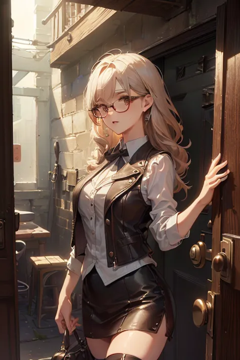 ((TOP QUALITY)), ((傑TOP QUALITY、masterpiece、High sensitivity、high resolution、 detailed depiction of up to the front door、 delicate face depiction ))Slender Woman、glasses、leather vest 、Leather mini skirt、 white tights、Inside an old prison、
