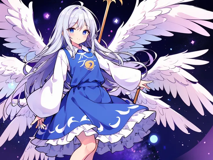 an animated anime drawing of a woman with huge wings holding a staff, well-formed face, ultra cute face, ultra detailed eyes, ultra detailed hair, ultra cute, ultra beautiful, ((high end)), (UHD picture), (best quality,4k,8k,highres,masterpiece:1.2), top-q...