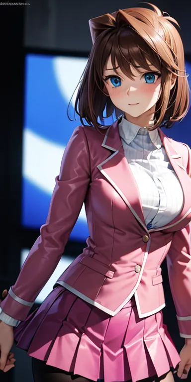  1 female,High Definition,dementia,  ultra-realistic  ,8K, aamazaki, ( hair antenna:1.2), blue eyes, blue,  pink jacket, blazer,  Long Sleeves Leather, falda blue,  Skinny skirt ,  miniskirt, pleated skirt , pechos grandes,European,sexy,Close-up of the upp...