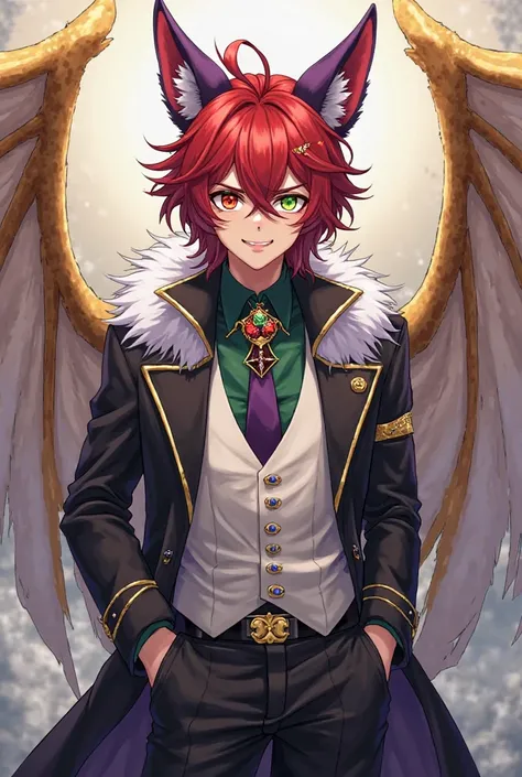 A 24-year-old man in anime style, with slightly long red hair that frames his face. His eyes stand out for having a black sclerotid: the left eye shines in an intense red with green sparks, while the right one is green with red sparkles. His long golden fa...